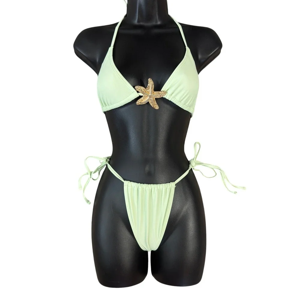 New XS Mint Green Starfish Rhinestone 3-Piece Bikini and Mesh Sarong Set